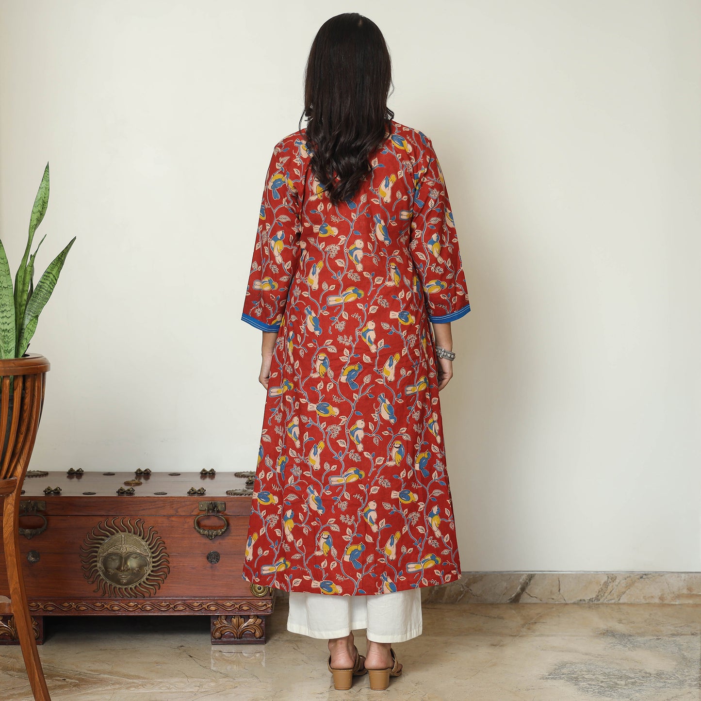 Red - Kalamkari Printed Cotton A-Line Long Kurta with Patchwork 70