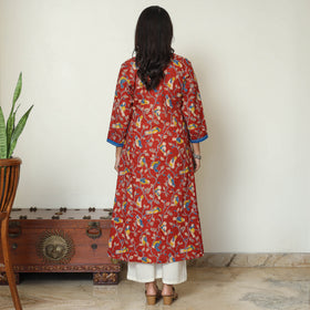Red - Kalamkari Printed Cotton A-Line Long Kurta with Patchwork 70