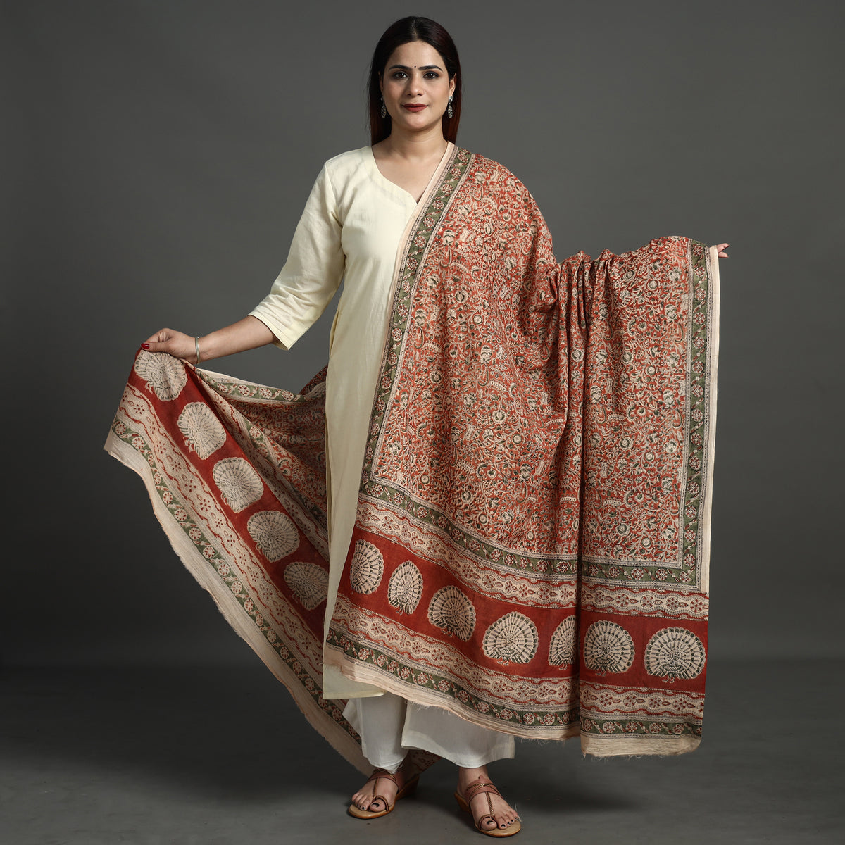 Red - Pedana Kalamkari Block Printed Natural Dyed Cotton Dupatta 159