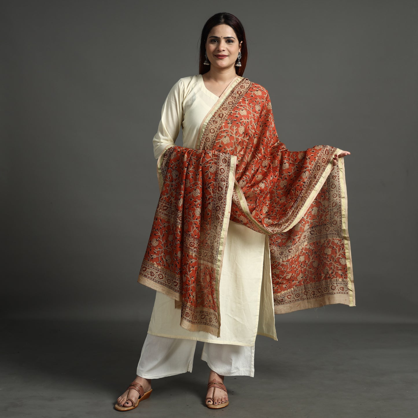 Orange - Pedana Kalamkari Block Printed Handloom Chanderi Silk Dupatta with Zari Border 71