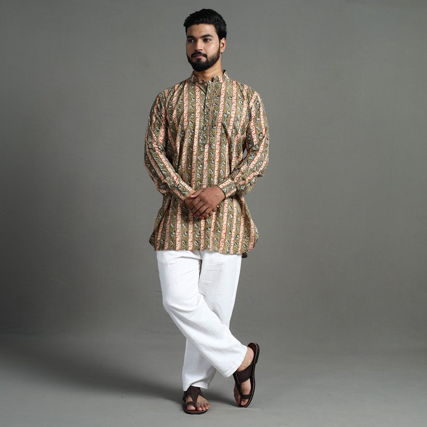 Moss Green - Kalamkari Block Printed Cotton Men Short Kurta