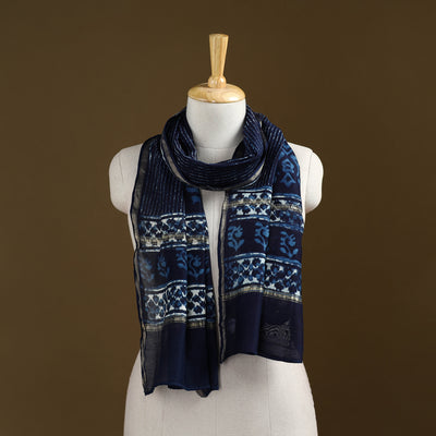Blue - Pipad Hand Block Print Natural Dyed Chanderi Silk Handloom Stole 35