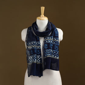 Blue - Pipad Hand Block Print Natural Dyed Chanderi Silk Handloom Stole 35