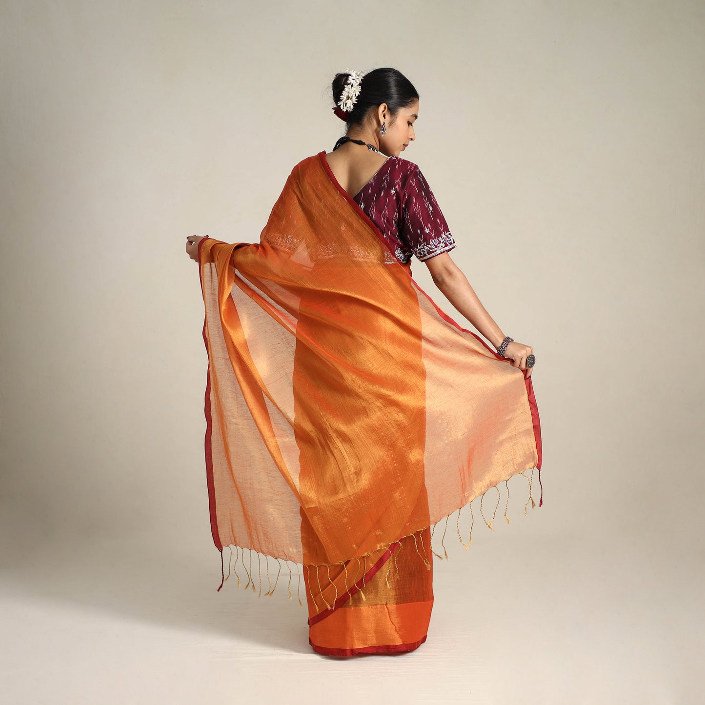 Orange - Mul Tissue Zari Bengal Saree with Embroidered Blouse 10