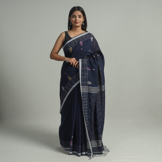 Blue - Handloom Cotton Phulia Jamdani Saree with Tassels 12