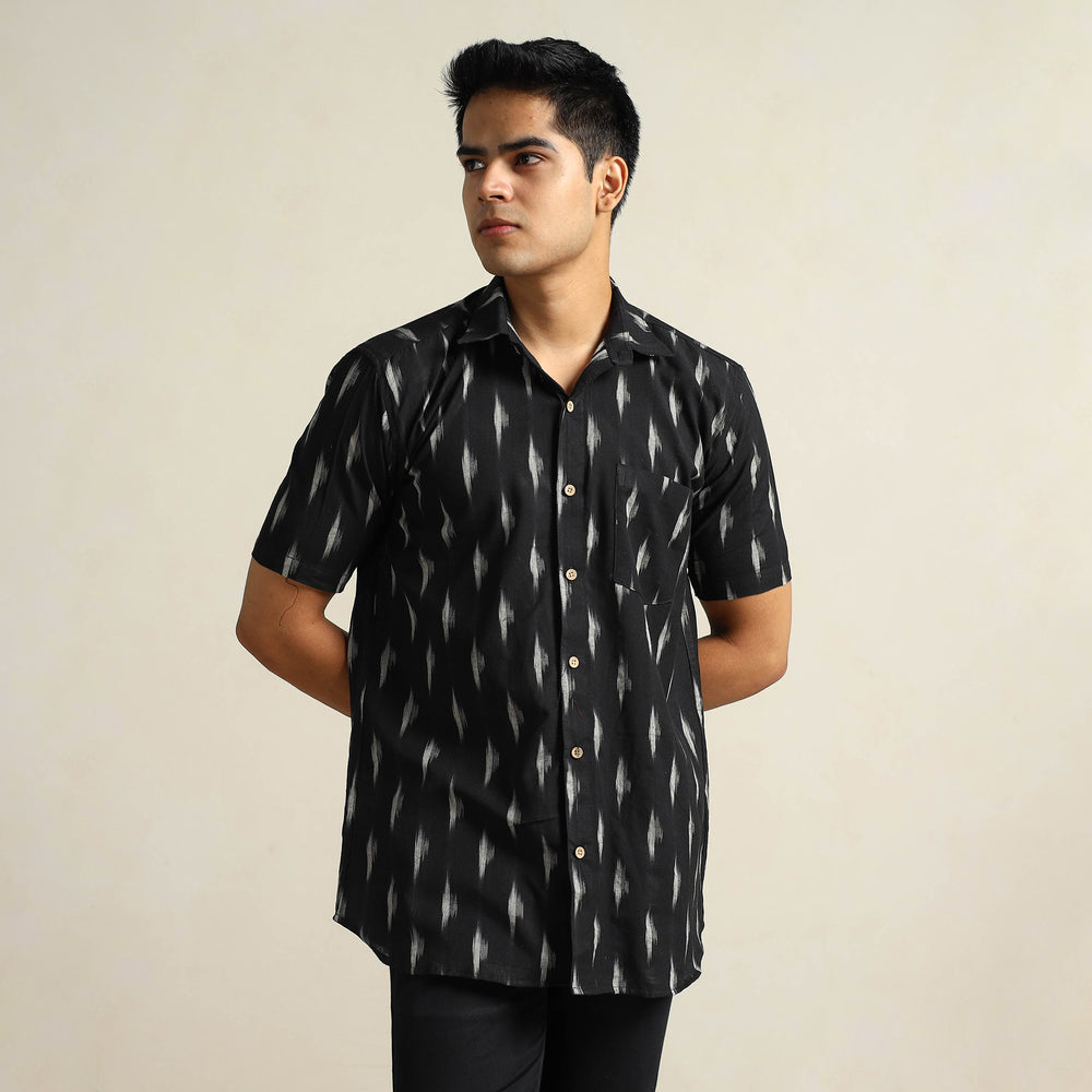 Black - Pochampally Ikat Weave Cotton Men Half Sleeve Shirt 14