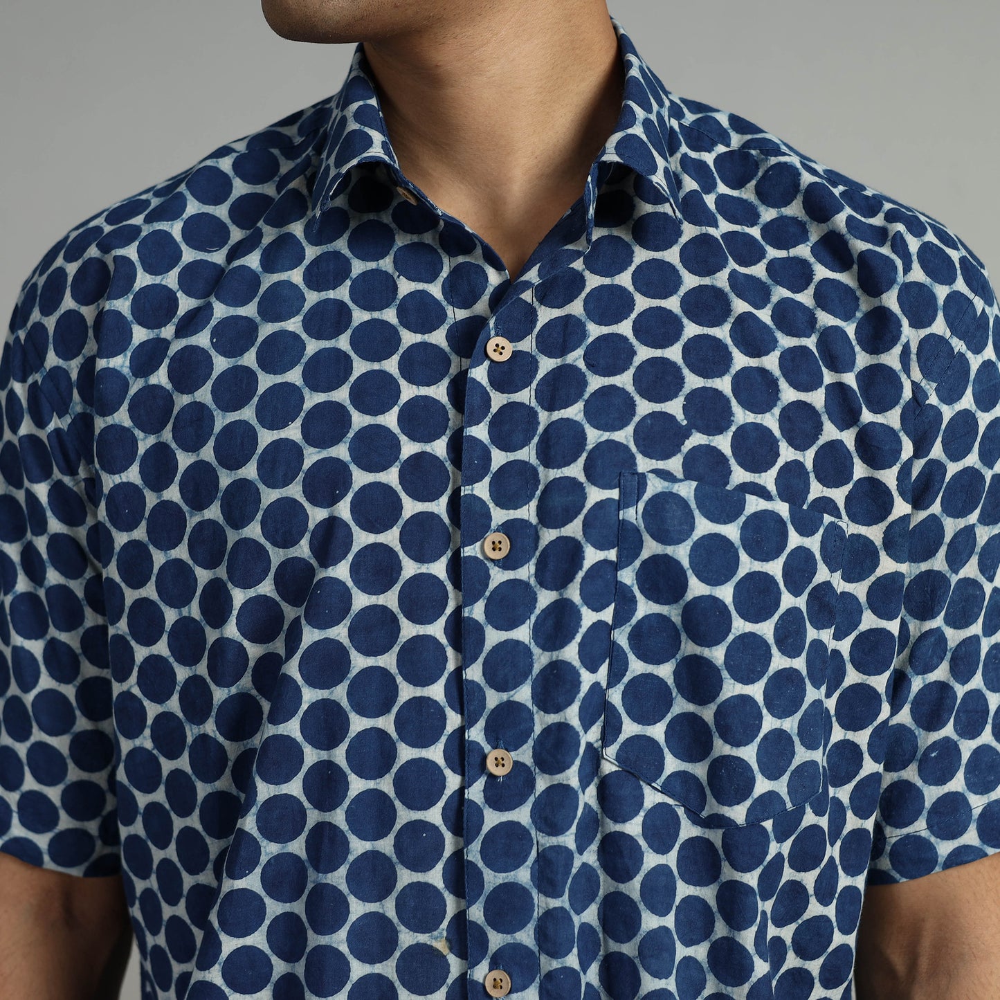 Blue - Indigo Block Printed Cotton Men Half Sleeve Shirt 03