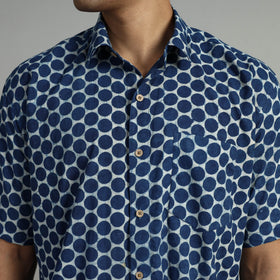 Blue - Indigo Block Printed Cotton Men Half Sleeve Shirt 03