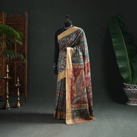 Pure Handloom Desi Tussar Silk Handpainted Srikalahasti Pen Kalamkari Saree with Zari Border 12