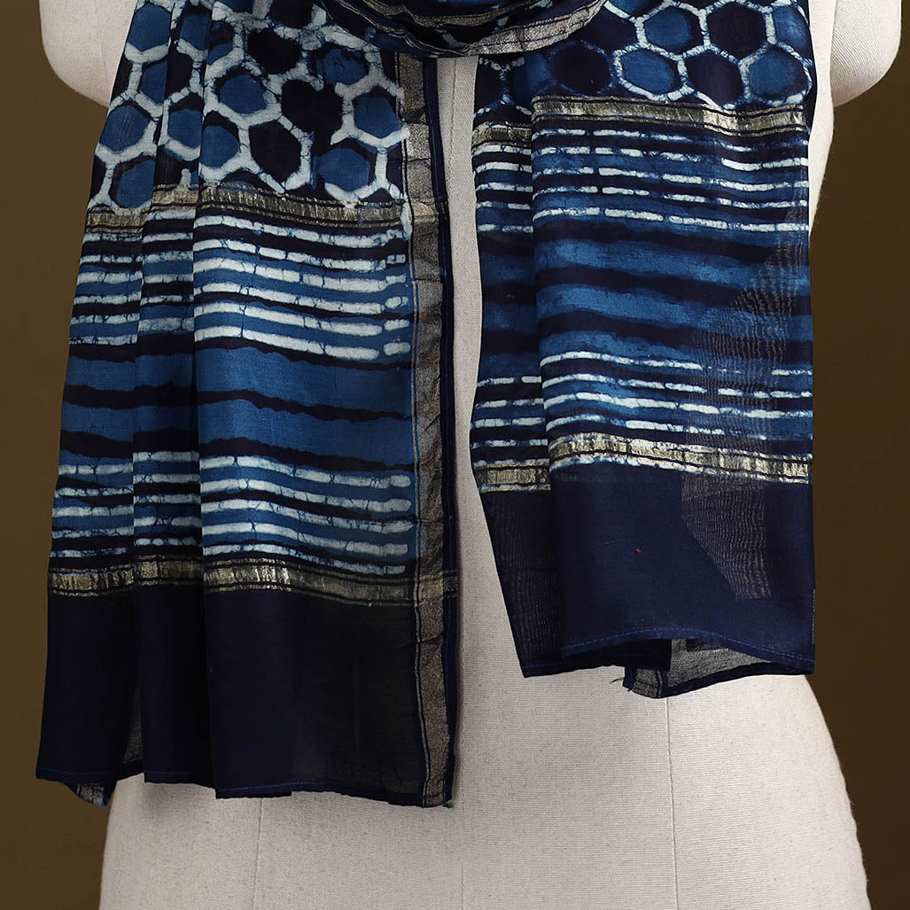 Blue - Pipad Hand Block Print Natural Dyed Chanderi Silk Handloom Stole 36
