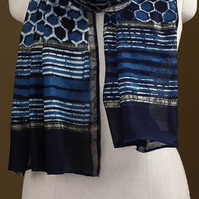 Blue - Pipad Hand Block Print Natural Dyed Chanderi Silk Handloom Stole 36