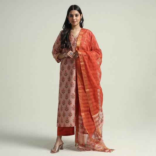 Peach - - Mangalagiri Block Printed Handloom Cotton Kurta with Palazzo & Dupatta Set