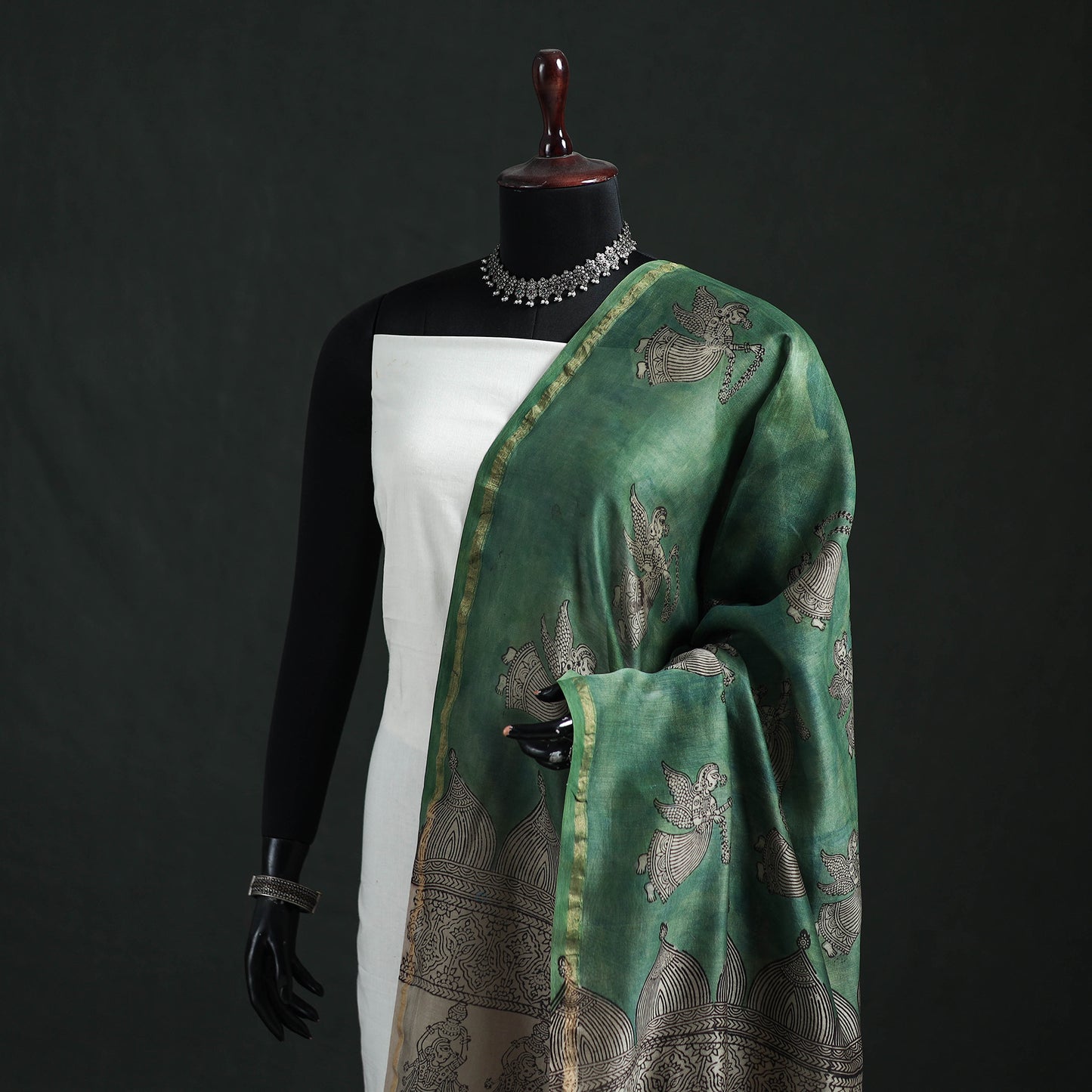 Green - Mata Ni Pachedi Handpainted Natural Dyed Chanderi Silk Handloom Dupatta 06