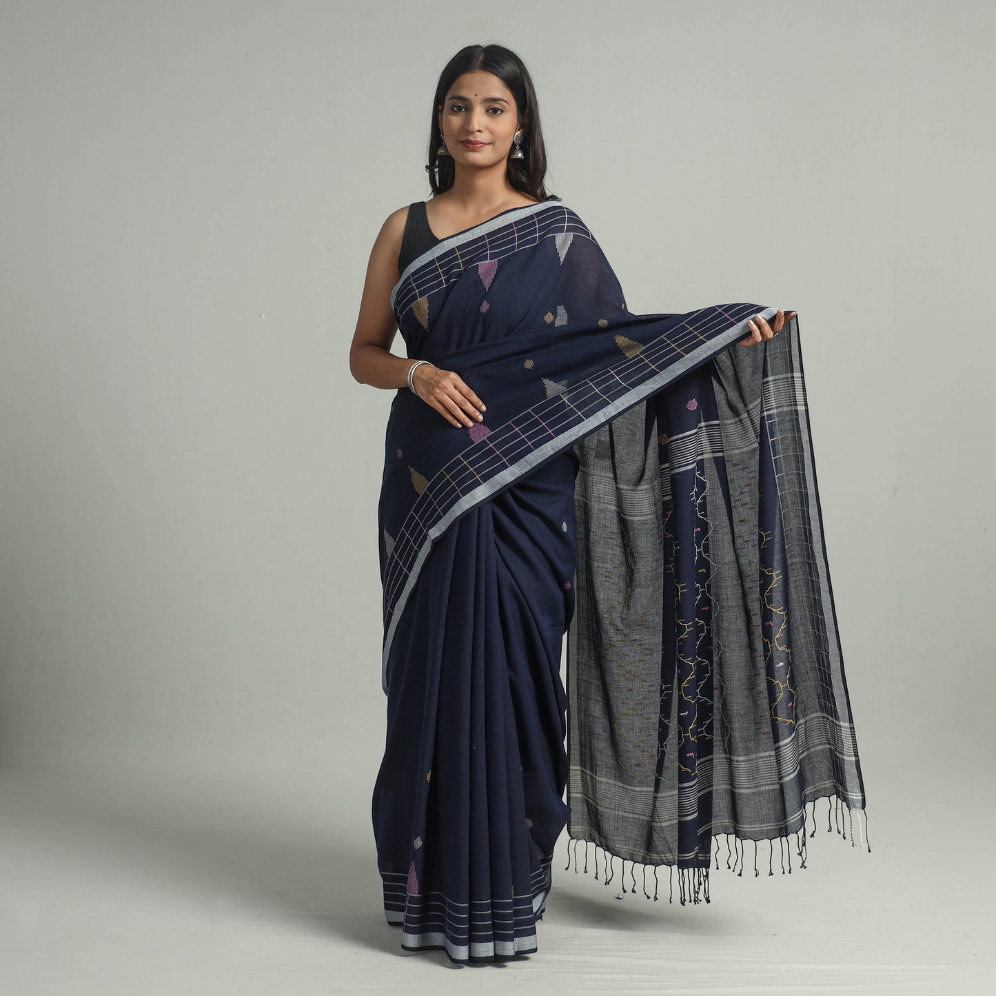 Blue - Handloom Cotton Phulia Jamdani Saree with Tassels 12