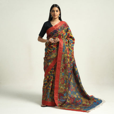 Multicolor - Srikalahasti Kalamkari Pen Work Mangalagiri Silk Saree with Zari Border