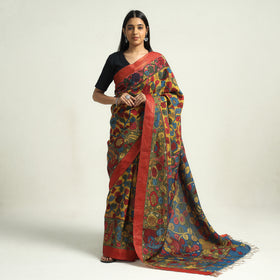 Multicolor - Srikalahasti Kalamkari Pen Work Mangalagiri Silk Saree with Zari Border