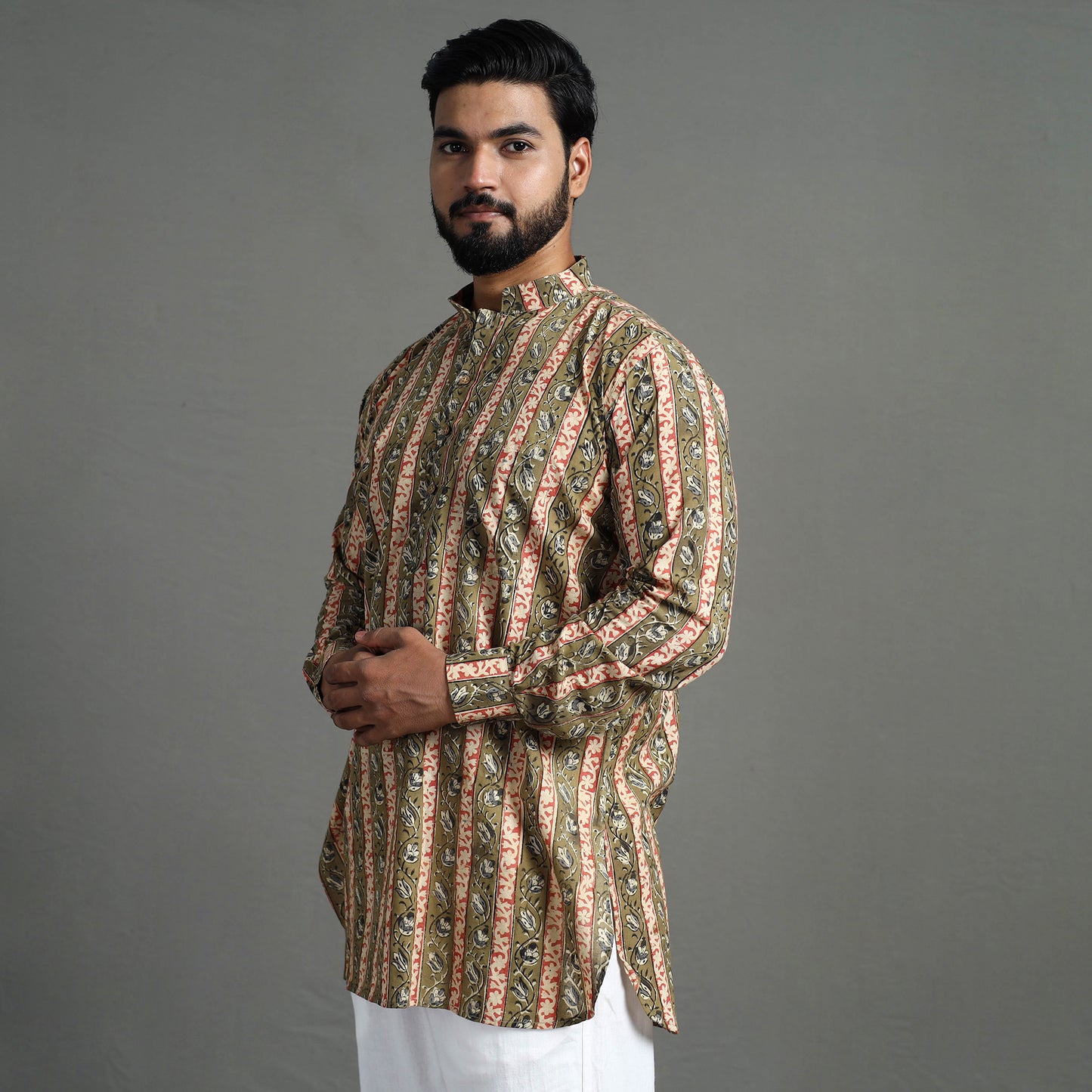 Moss Green - Kalamkari Block Printed Cotton Men Short Kurta