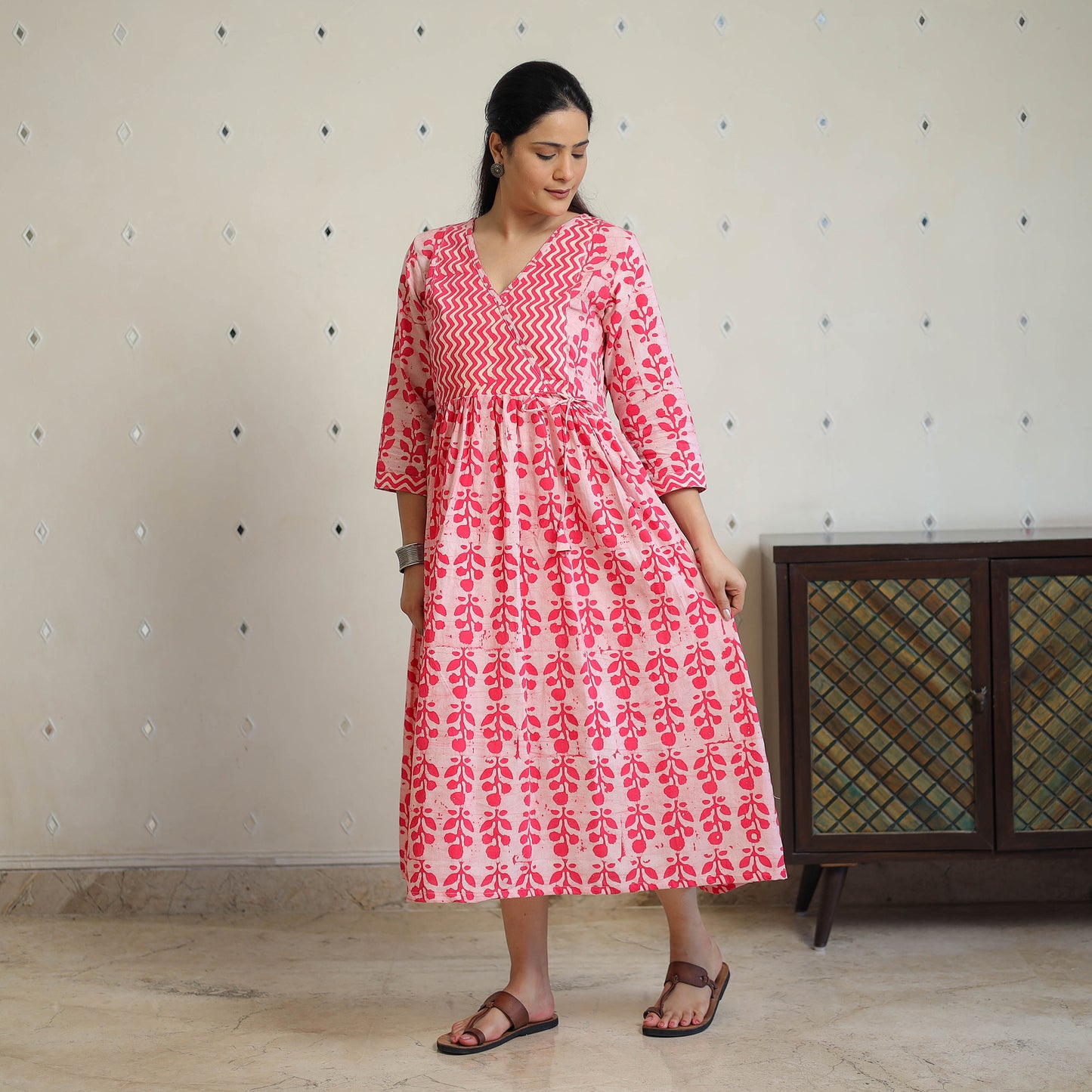 Pink - Pure Cotton Angrakha Batik Print Dress 06