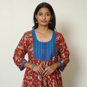 Red - Kalamkari Printed Cotton A-Line Long Kurta with Patchwork 70