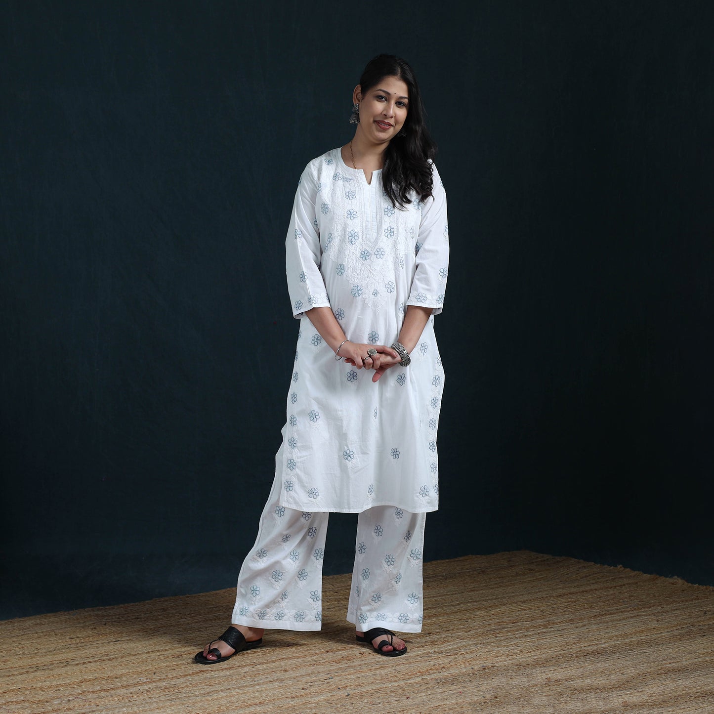 White - Hand Embroidered Mul Cotton Chikankari Kurta with Palazzo Set for Women 35