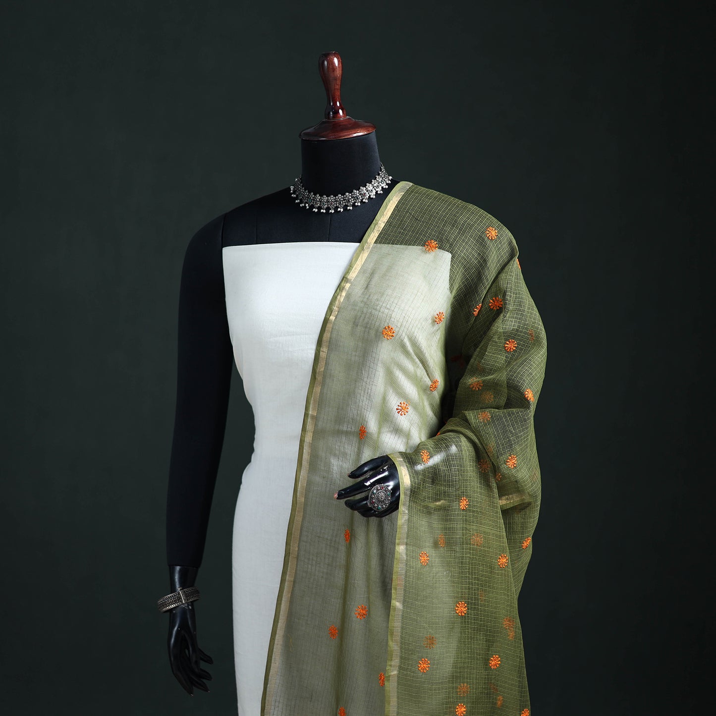 Kota Doria Cotton Embroidered Plain Dupatta 10
