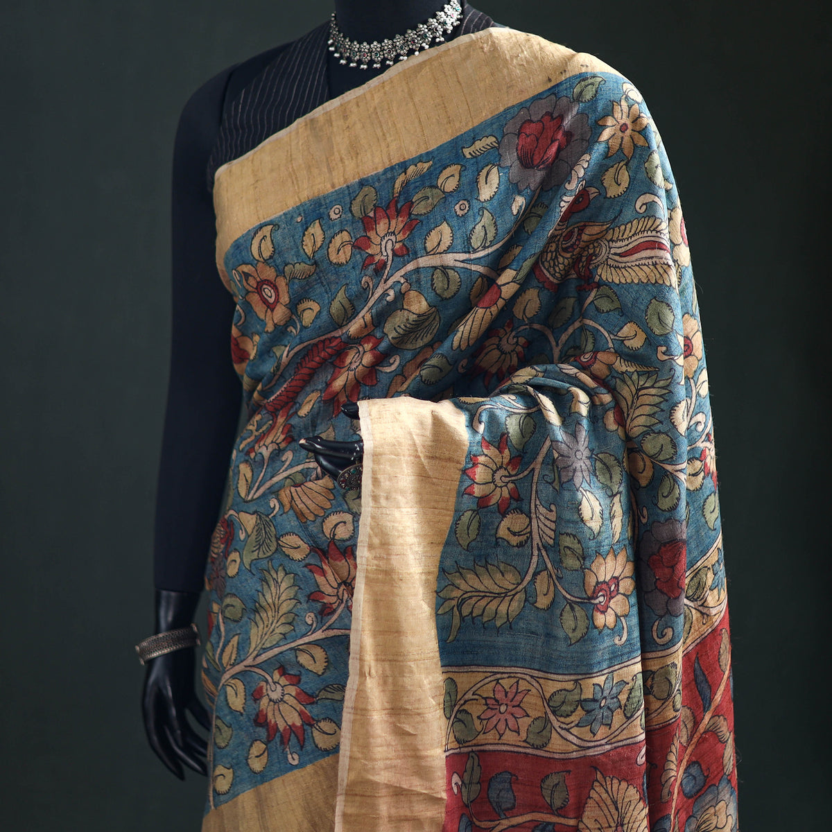 Pure Handloom Desi Tussar Silk Handpainted Srikalahasti Pen Kalamkari Saree with Zari Border 12