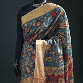 Pure Handloom Desi Tussar Silk Handpainted Srikalahasti Pen Kalamkari Saree with Zari Border 12