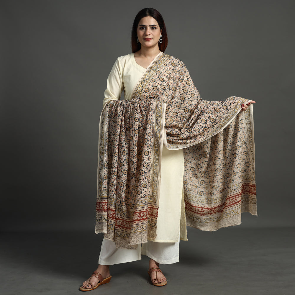 Beige - Pedana Kalamkari Block Printed Natural Dyed Cotton Dupatta 160