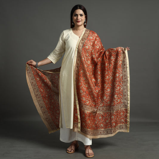 Orange - Pedana Kalamkari Block Printed Handloom Chanderi Silk Dupatta with Zari Border 71