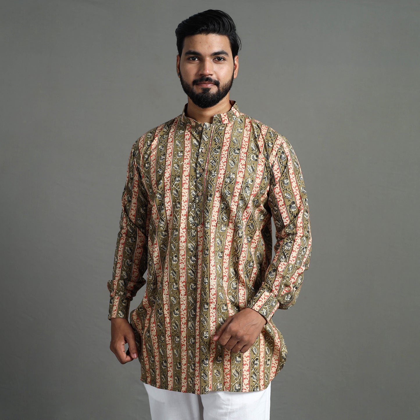 Moss Green - Kalamkari Block Printed Cotton Men Short Kurta