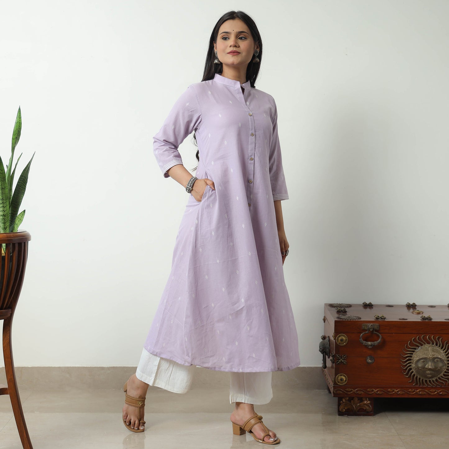 Purple - Jacquard Cotton A-Line Kurta 11