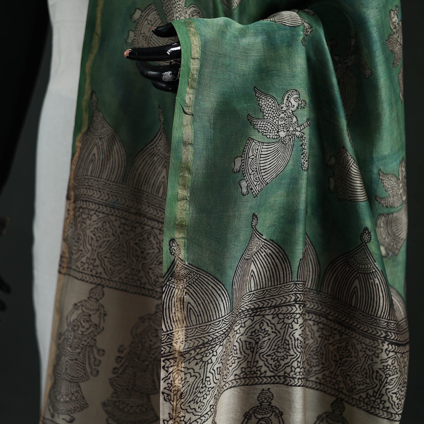 Green - Mata Ni Pachedi Handpainted Natural Dyed Chanderi Silk Handloom Dupatta 06