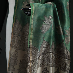 Green - Mata Ni Pachedi Handpainted Natural Dyed Chanderi Silk Handloom Dupatta 06