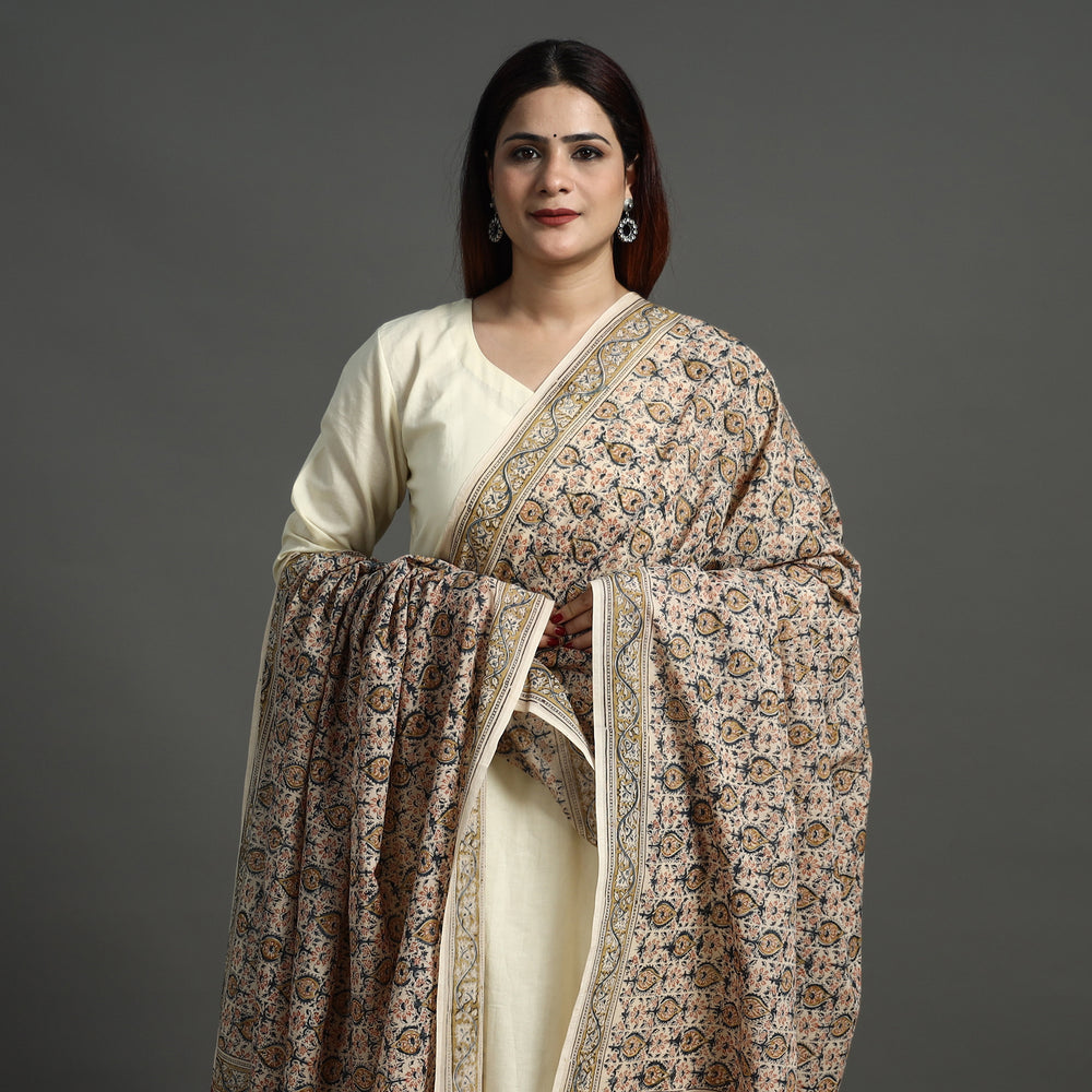 Beige - Pedana Kalamkari Block Printed Natural Dyed Cotton Dupatta 160