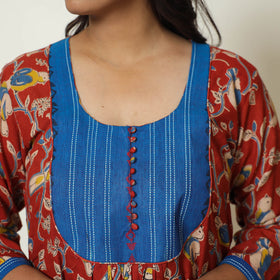 Red - Kalamkari Printed Cotton A-Line Long Kurta with Patchwork 70