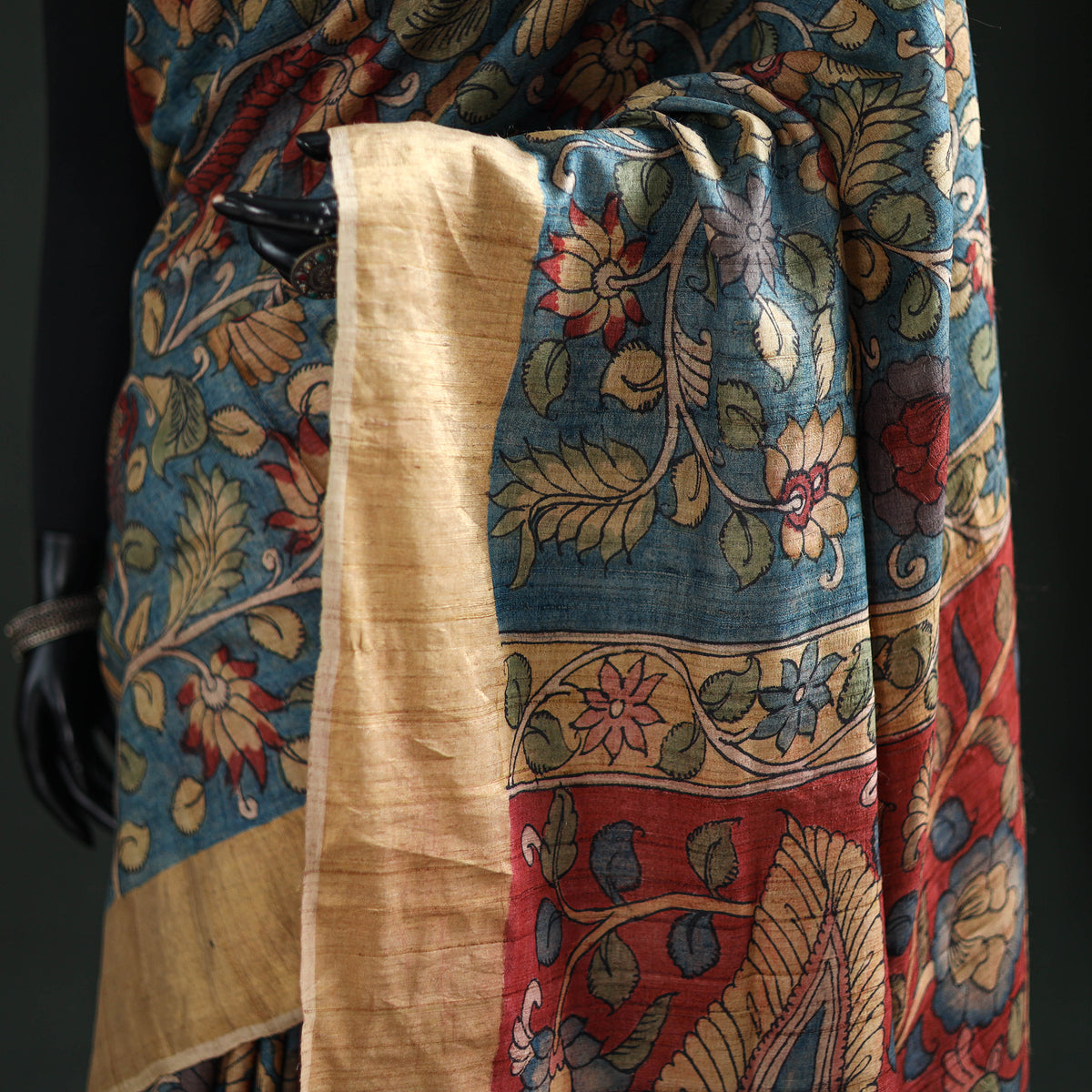 Pure Handloom Desi Tussar Silk Handpainted Srikalahasti Pen Kalamkari Saree with Zari Border 12