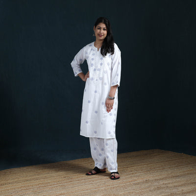 White - Hand Embroidered Mul Cotton Chikankari Kurta with Palazzo Set for Women 32