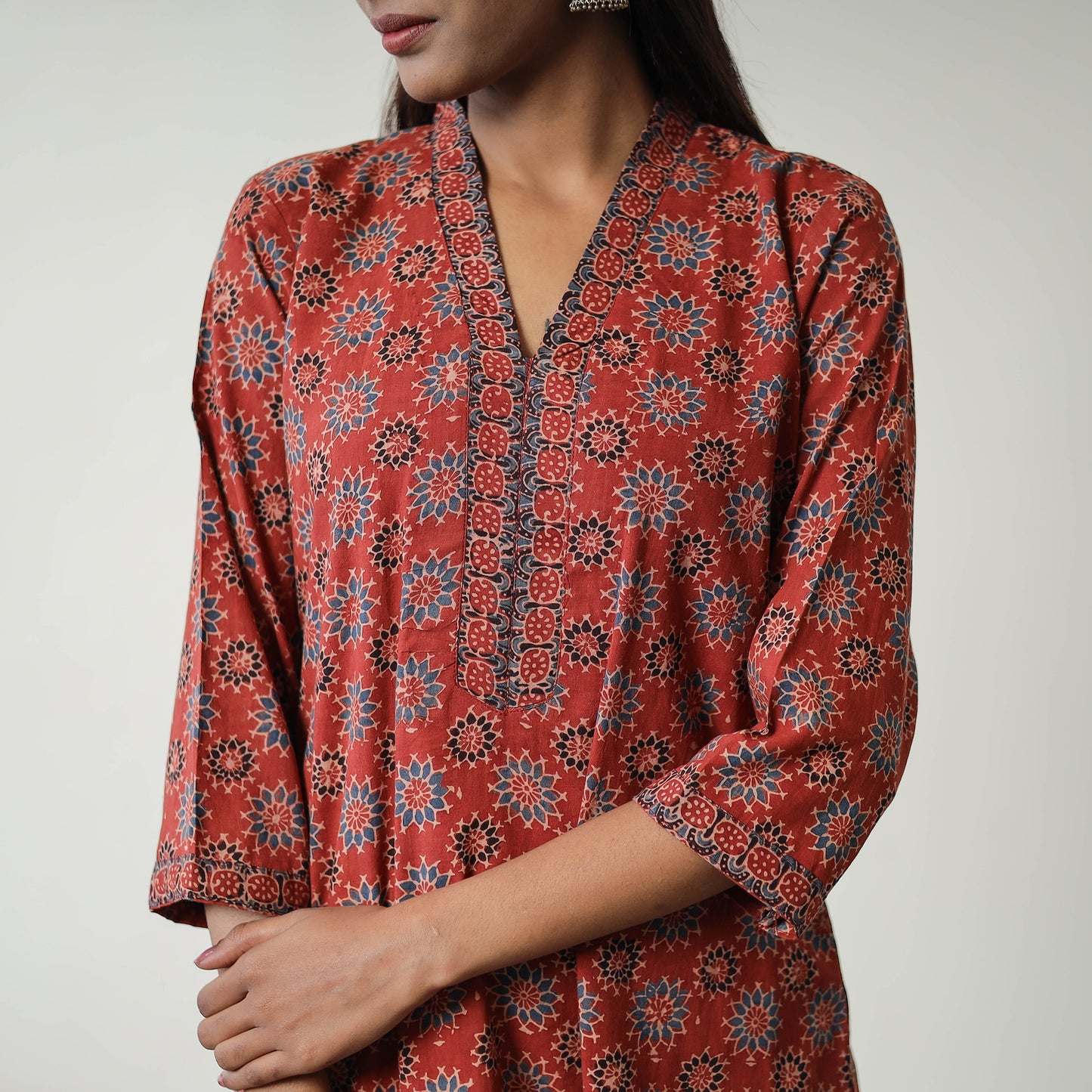 Red - Block Printed Cotton Straight Ajrakh Kurta 23