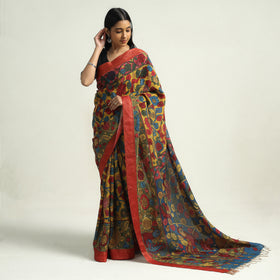 Multicolor - Srikalahasti Kalamkari Pen Work Mangalagiri Silk Saree with Zari Border