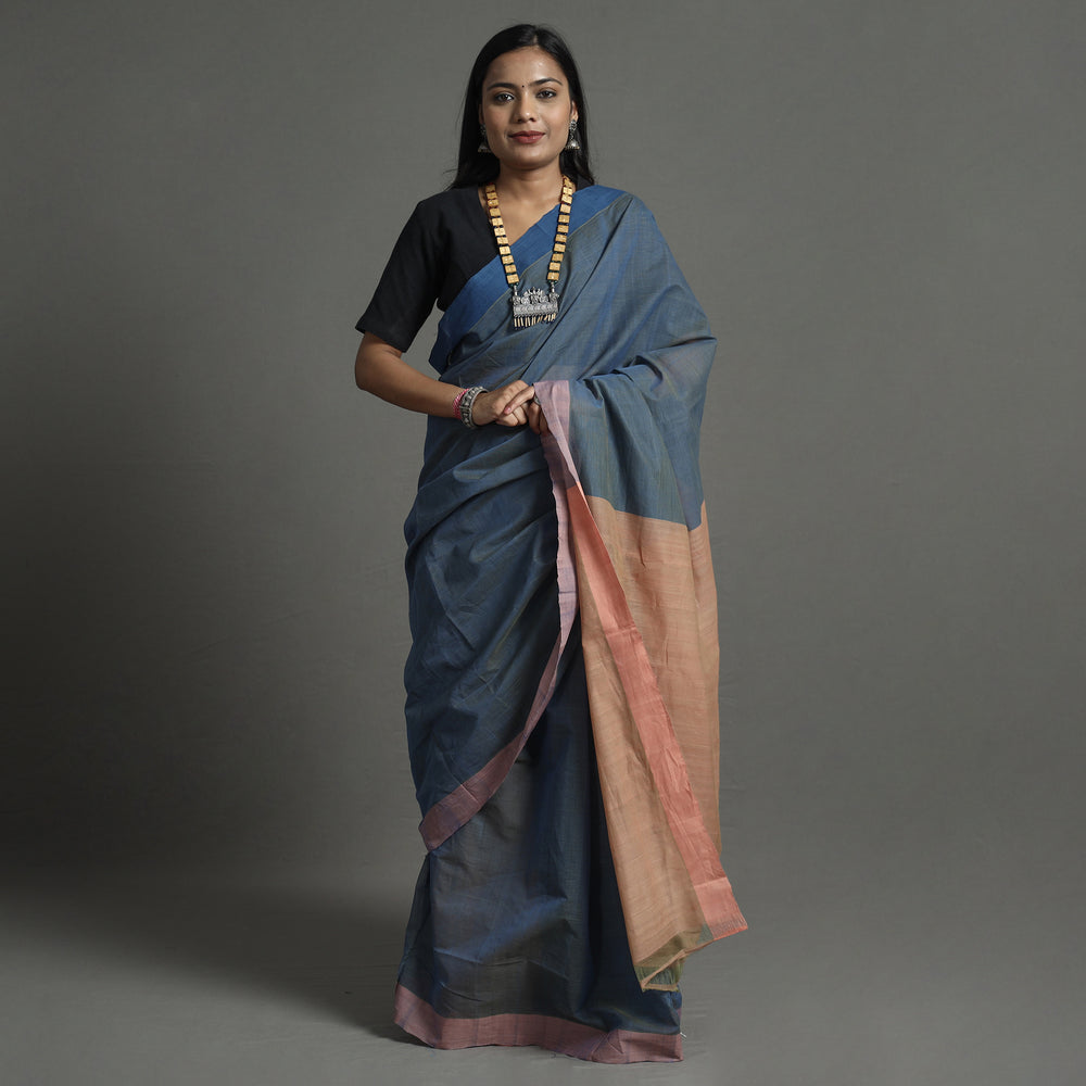 Blue - Pure Handloom Natural Dyed Missing Plain Cotton Saree 11