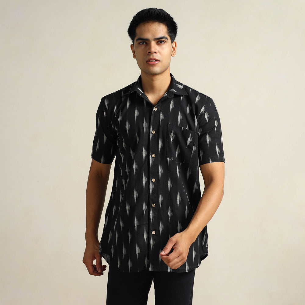 Black - Pochampally Ikat Weave Cotton Men Half Sleeve Shirt 14