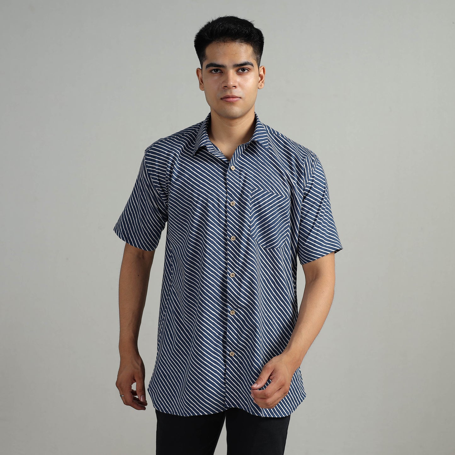 Buy Indigo Block Printed Cotton Men Half Sleeve Shirt 04 Online l iTokri.com