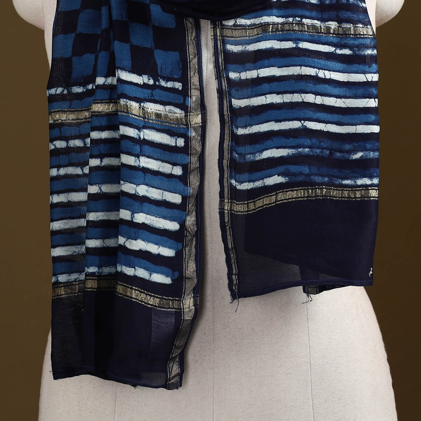 Blue - Pipad Hand Block Print Natural Dyed Chanderi Silk Handloom Stole 37