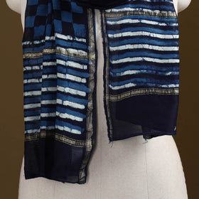 Blue - Pipad Hand Block Print Natural Dyed Chanderi Silk Handloom Stole 37