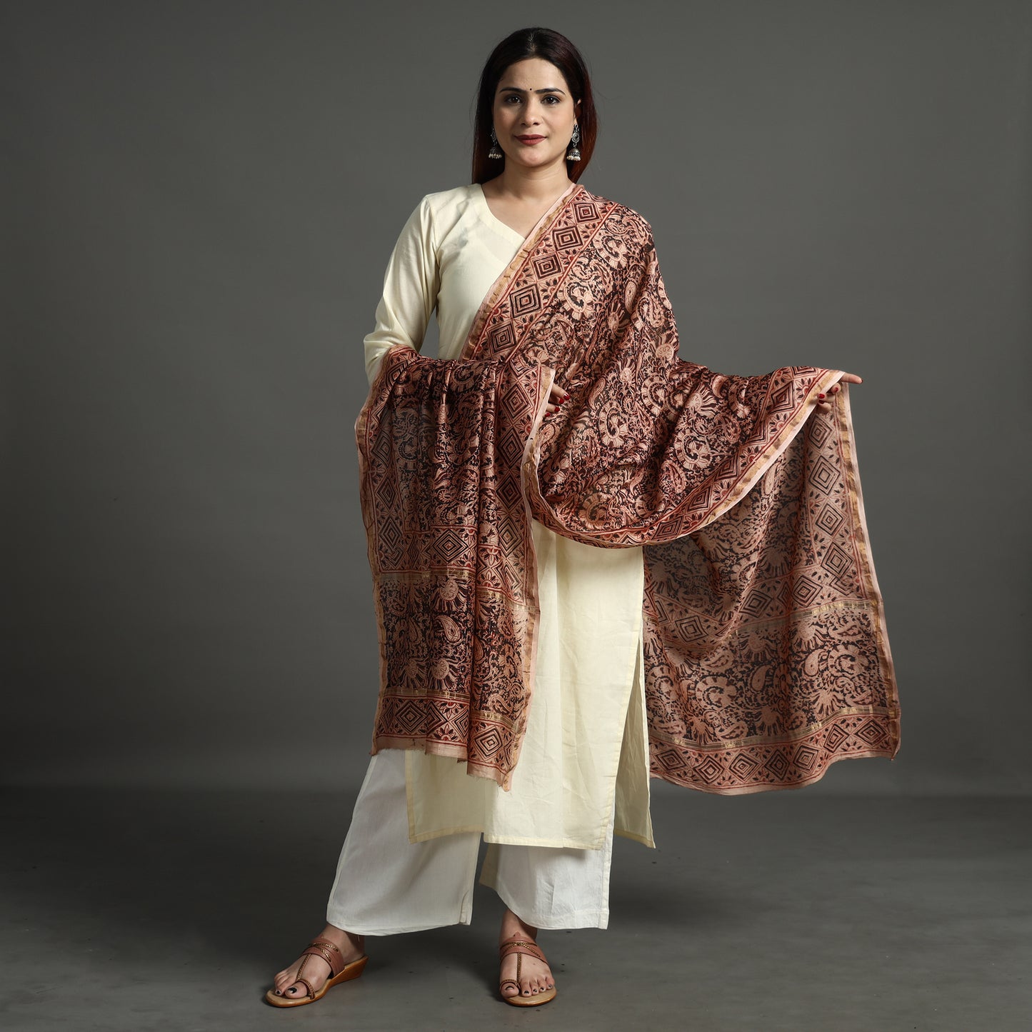 Maroon - Pedana Kalamkari Block Printed Handloom Chanderi Silk Dupatta with Zari Border 72