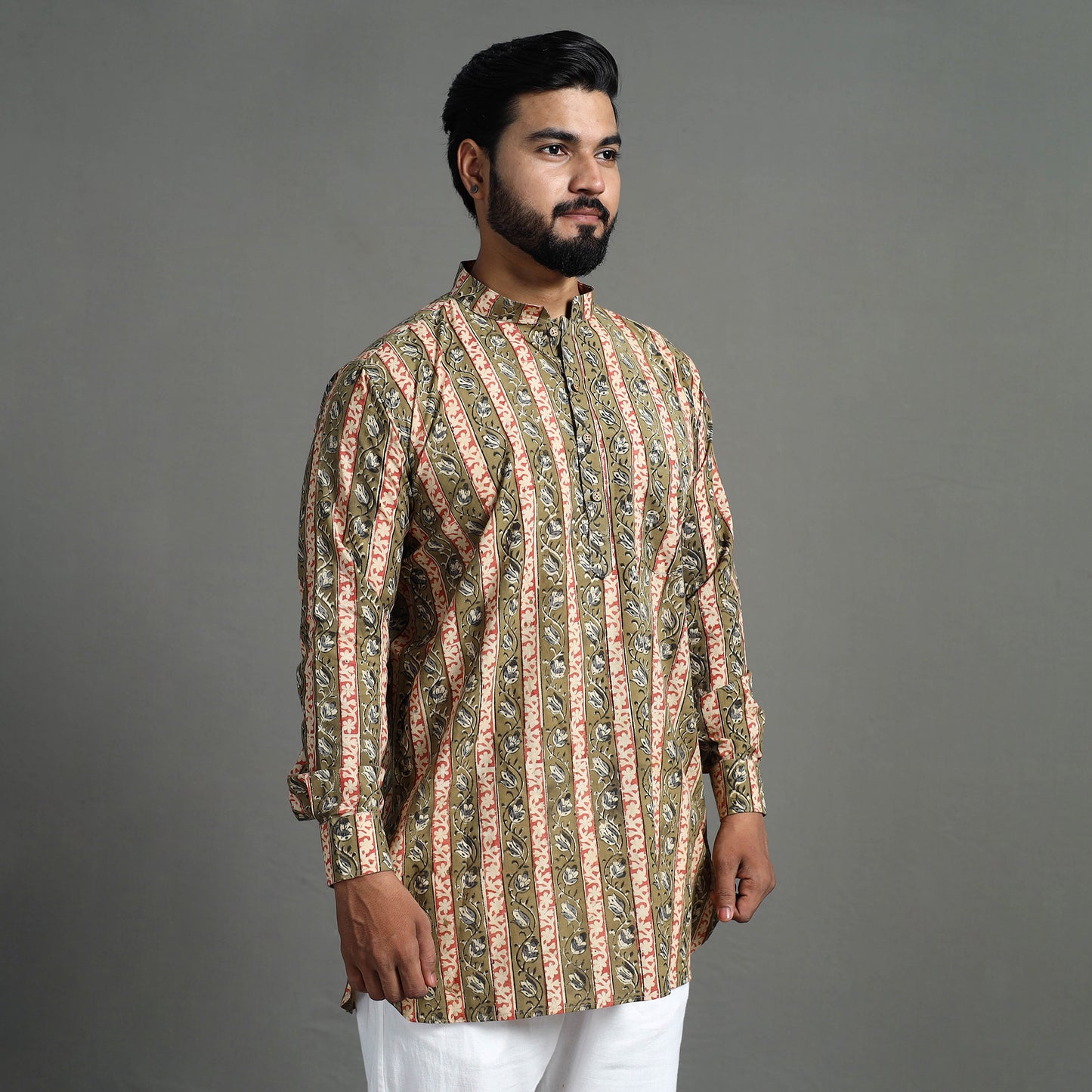 Moss Green - Kalamkari Block Printed Cotton Men Short Kurta