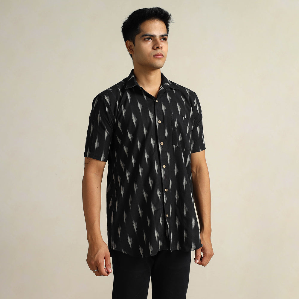 Black - Pochampally Ikat Weave Cotton Men Half Sleeve Shirt 14