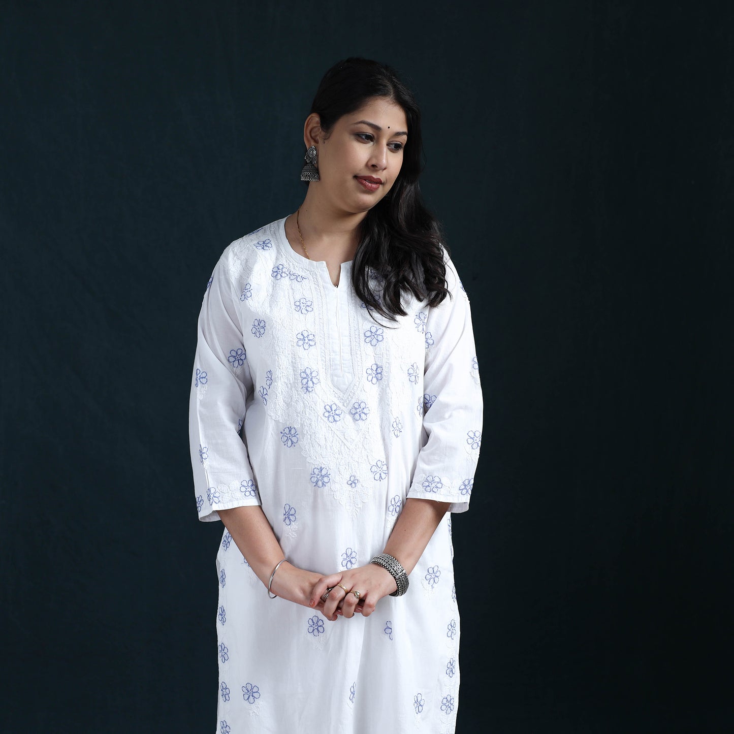 White - Hand Embroidered Mul Cotton Chikankari Kurta with Palazzo Set for Women 32