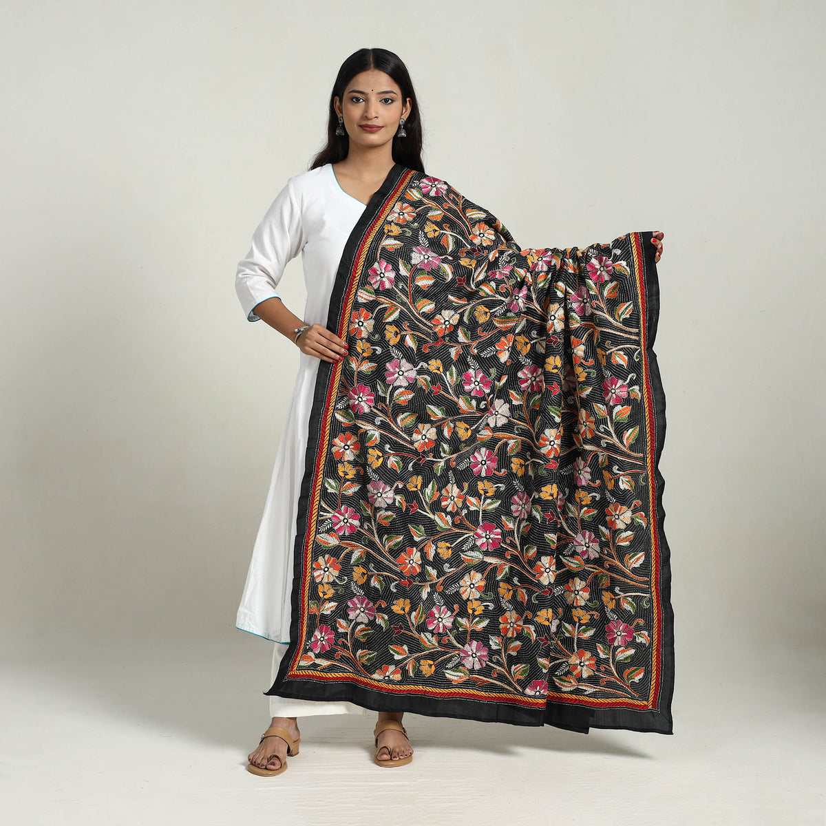 Black - Pure Silk Bengal Kantha Embroidery Dupatta 28