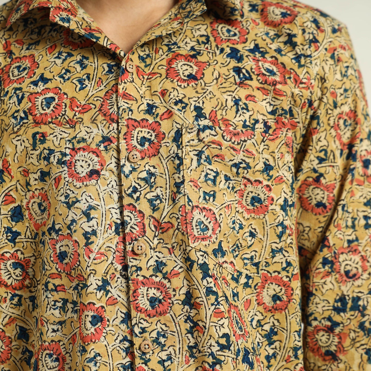 Beige - Kalamkari Block Printed Cotton Men Full Sleeve Shirt 13